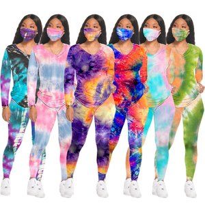 Tie Dye Long Sleeve Two Piece Pants Set With Mask